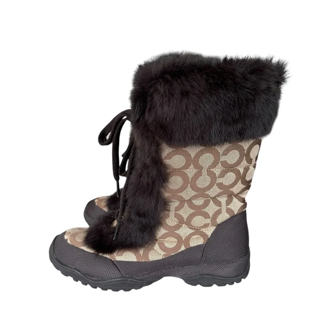 COACH Jennie Signature Quilted Monogram Print Winter Boot Rabbit Fur Trim Size 6